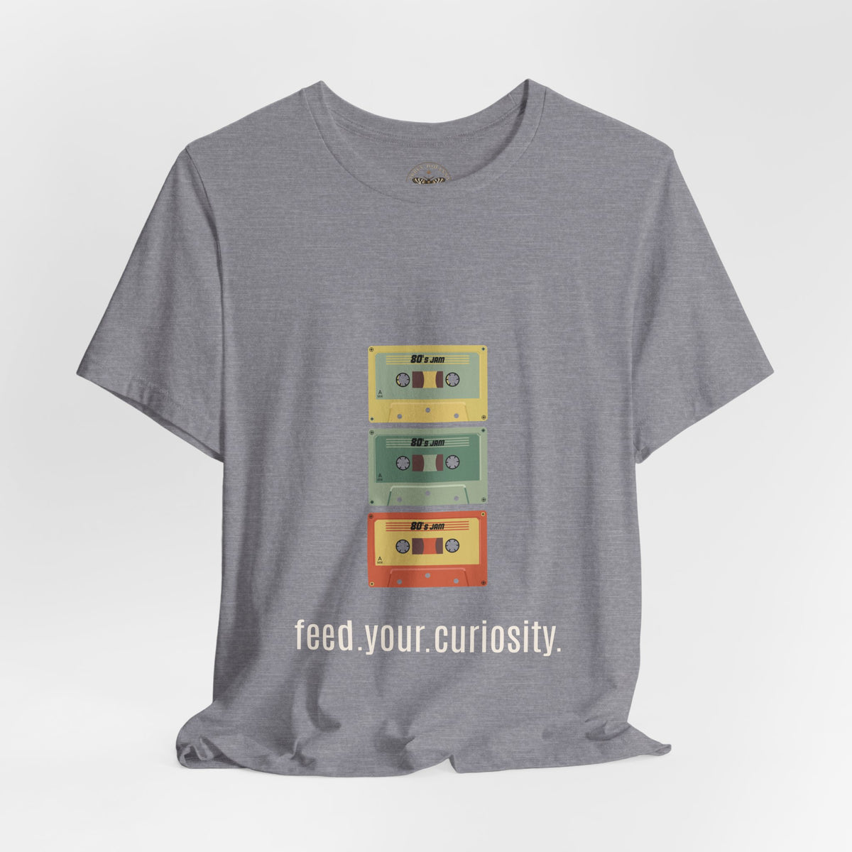 Feed Your Curiosity retro cassette tape graphic T-shirt — product view 2