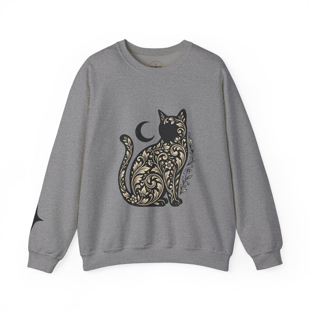Gothic Botanical Cat Sweatshirt | Crescent Moon, Ornate Florals