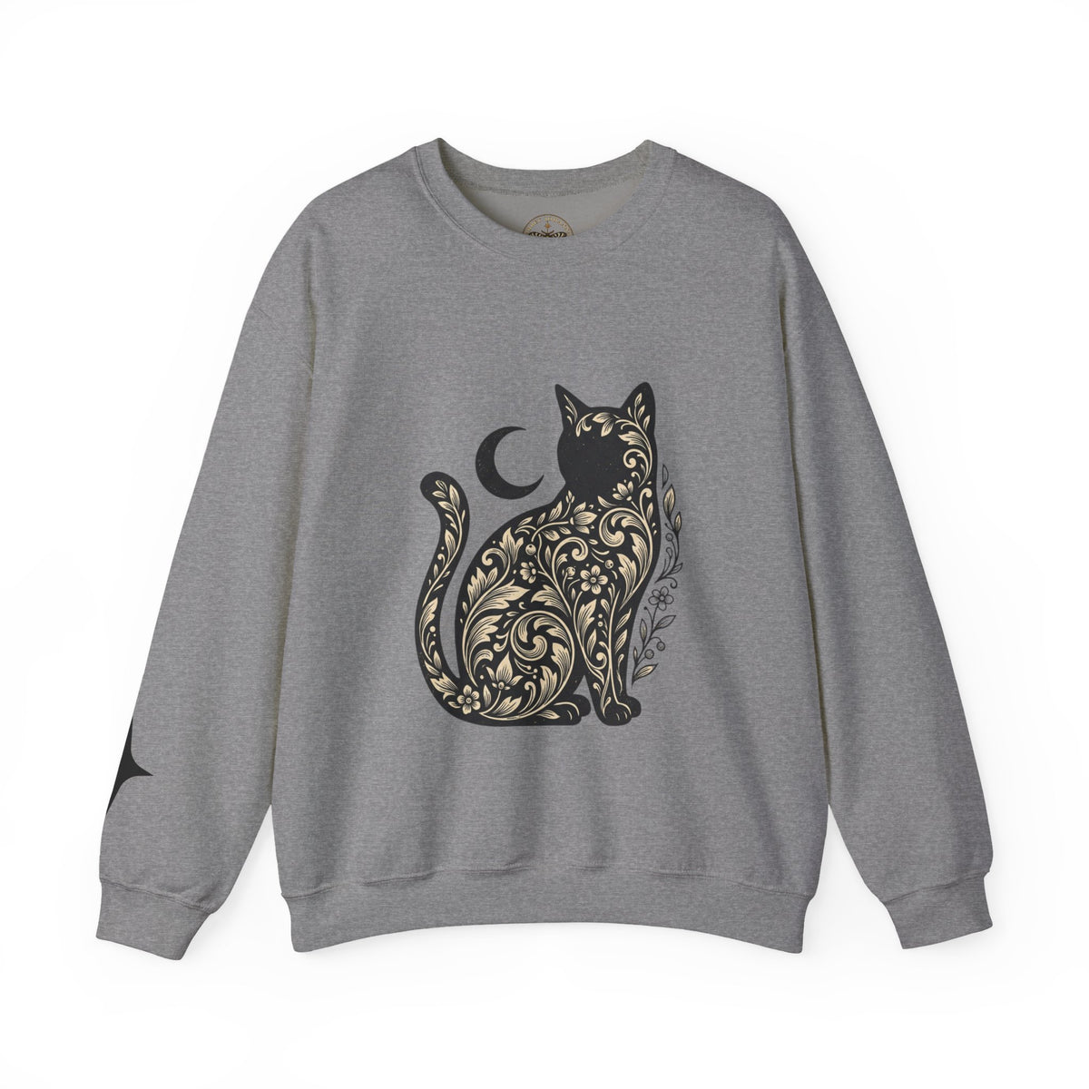 Gothic Botanical Cat Sweatshirt | Crescent Moon, Ornate Florals