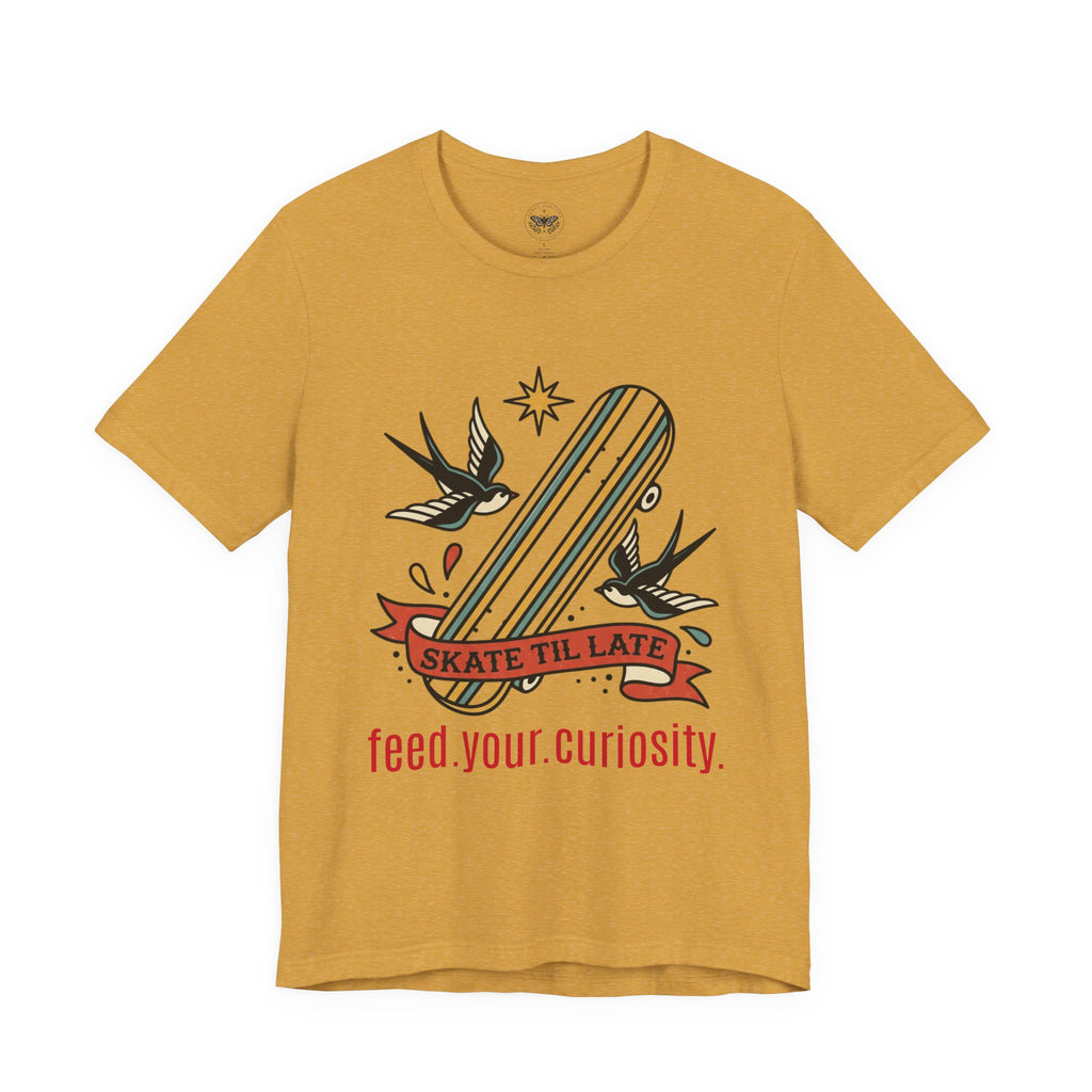 Skate Till Late Skateboard Tee | Traditional Tattoo Flash, Swallows & Banner — view 16