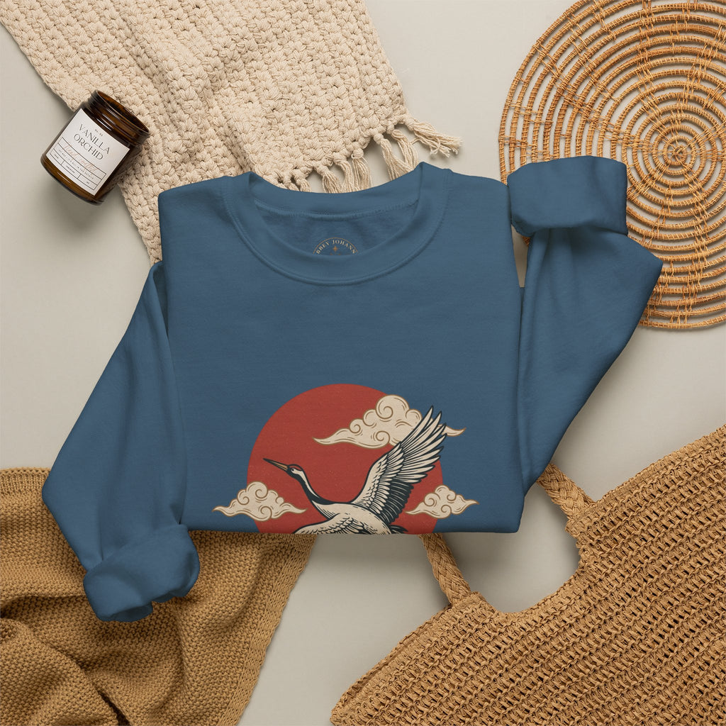 Traditional Tattoo-Style Crane Illustration Sweatshirt | Vintage Flash, Limited Palette — view 74