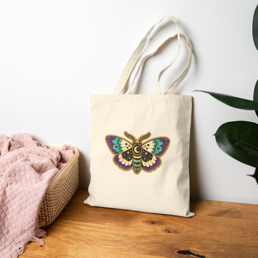 Mothy Moth cotton canvas tote with colorful botanical moth artwork by Abbey Johanna.