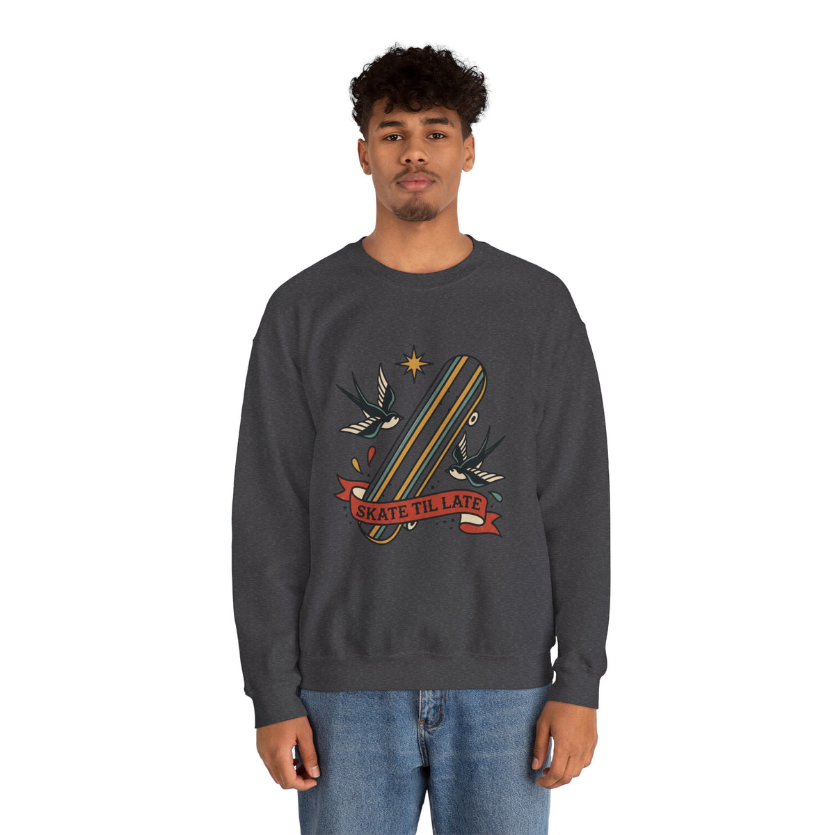Skateboard Swallow Tattoo Crewneck Sweatshirt | Traditional Flash Graphic — view 1