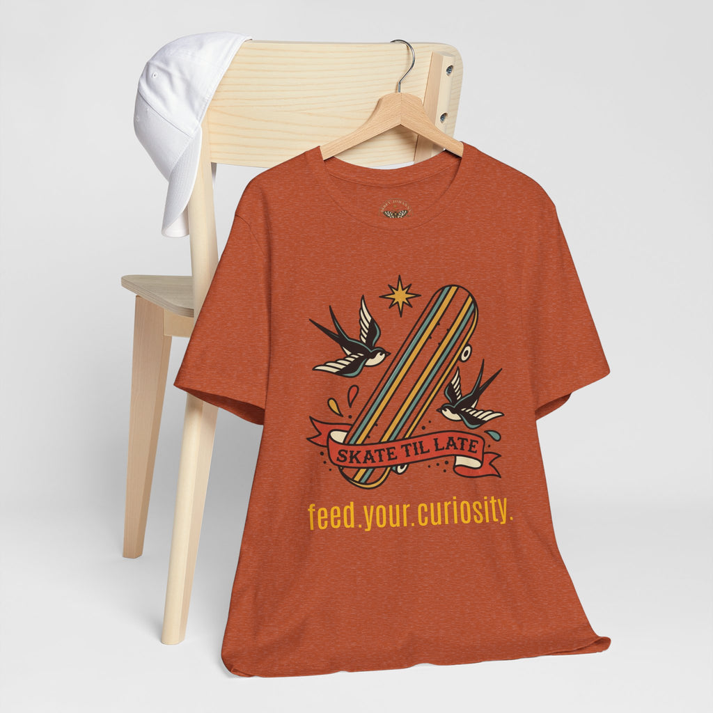 Skate Till Late Skateboard Tee | Traditional Tattoo Flash, Swallows & Banner — view 3