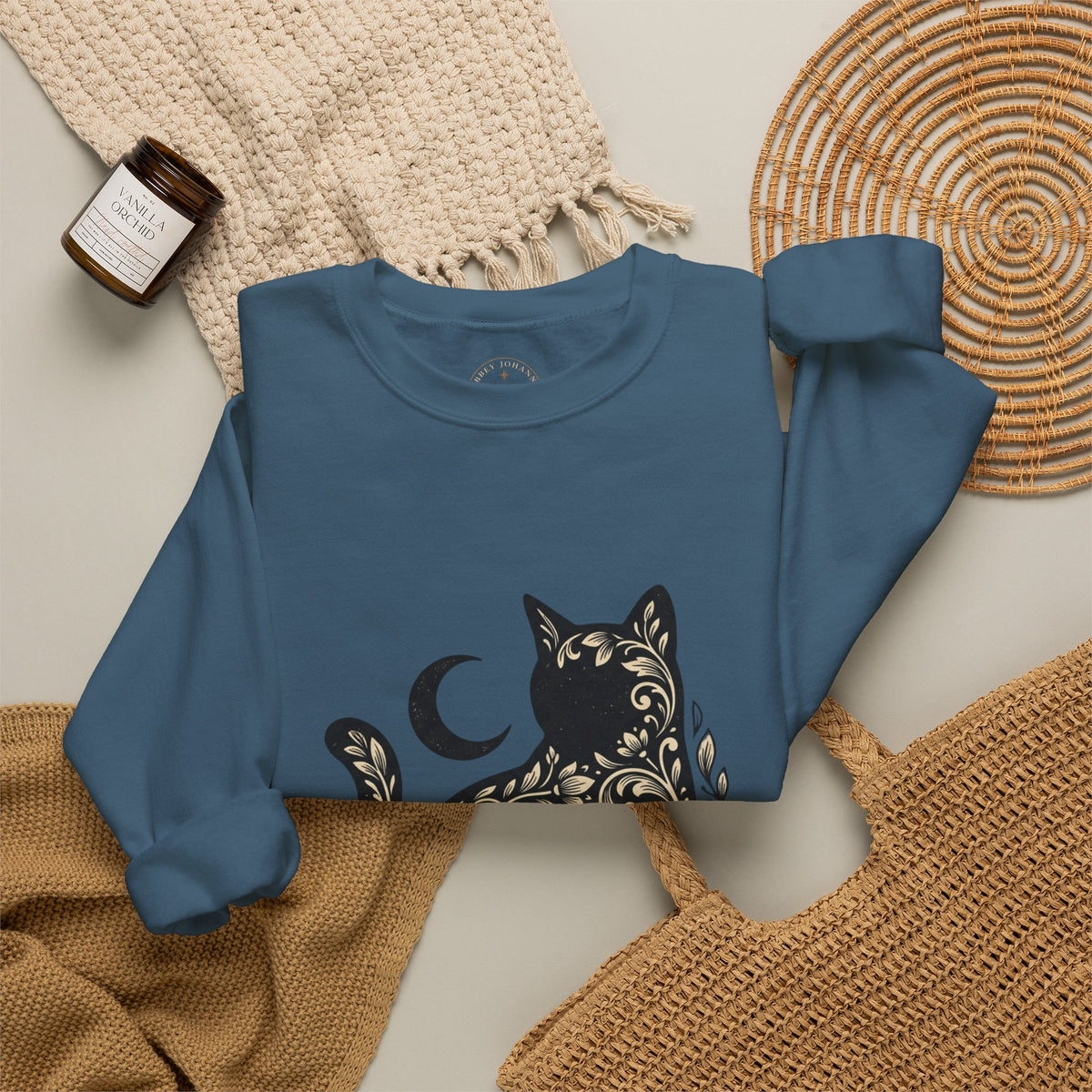 Gothic Botanical Cat Sweatshirt | Crescent Moon, Ornate Florals
