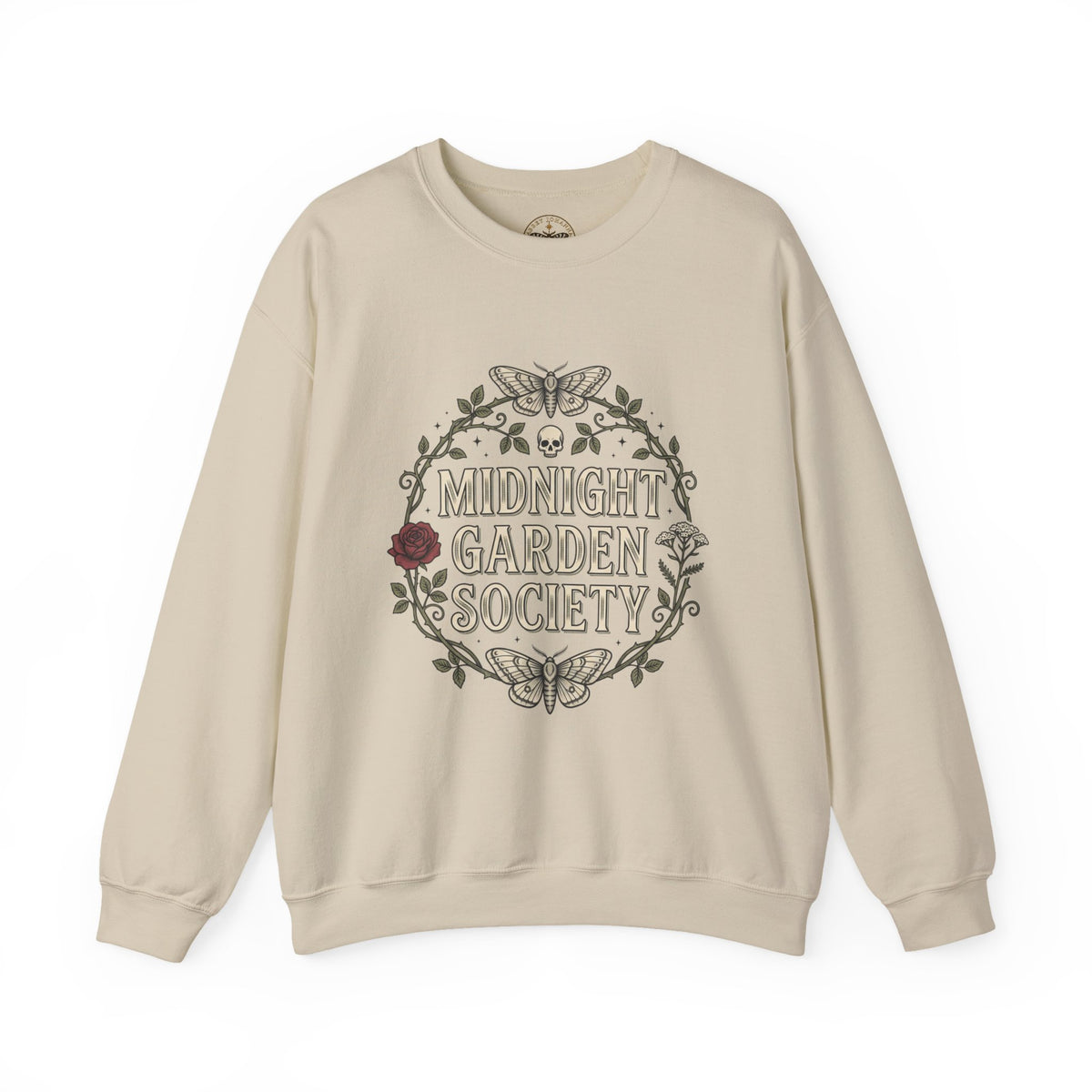 Midnight Garden botanical crest Sweatshirt | Gothic botanicals, floral skull motif — view 4