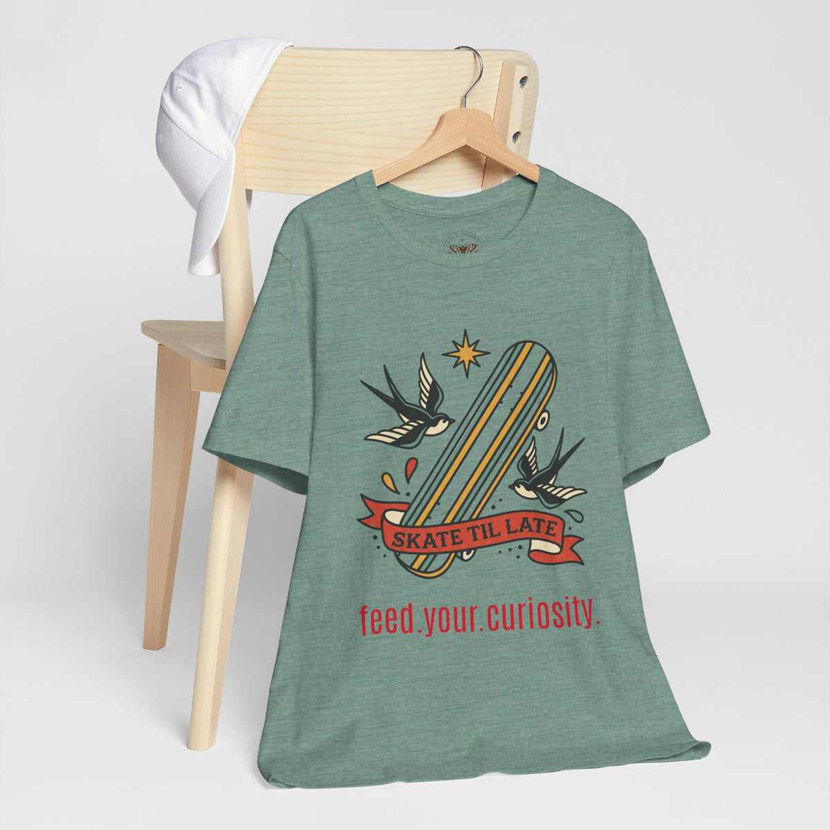Skate Till Late Skateboard Tee | Traditional Tattoo Flash, Swallows & Banner — view 10
