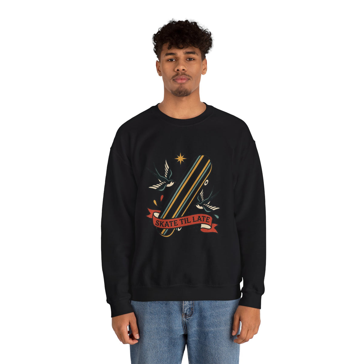 Skateboard Swallow Tattoo Crewneck Sweatshirt | Traditional Flash Graphic — view 2