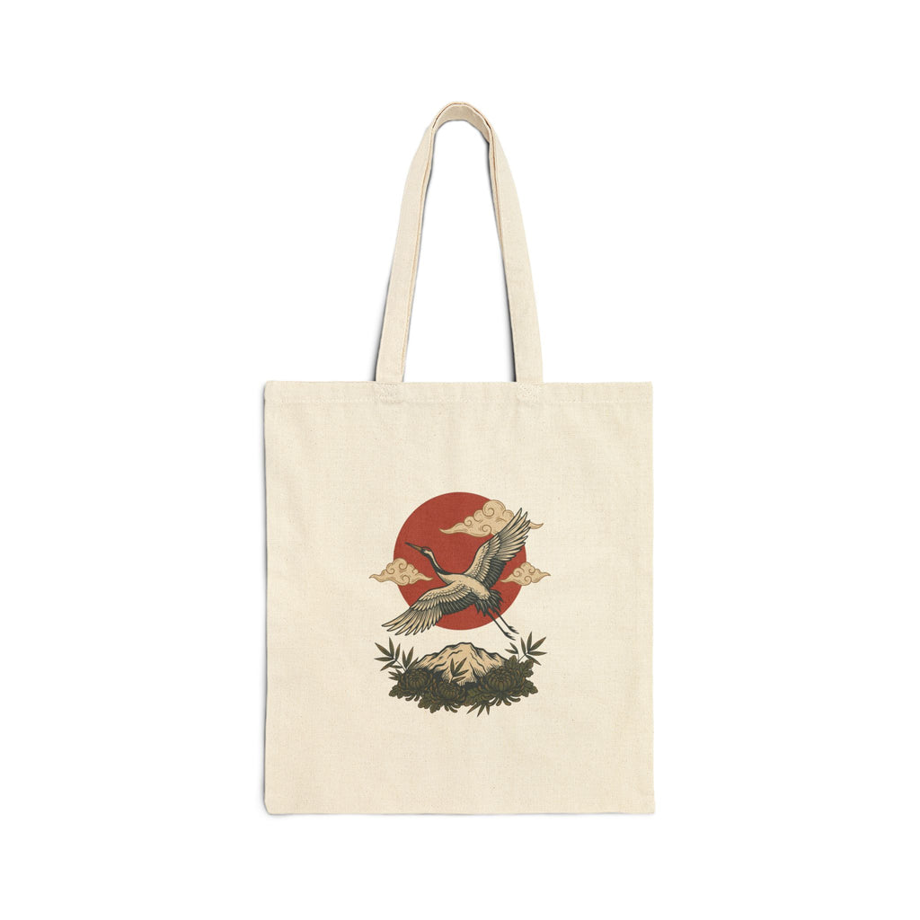 Vintage crane canvas tote with traditional tattoo-inspired bird and sun artwork — product view 3