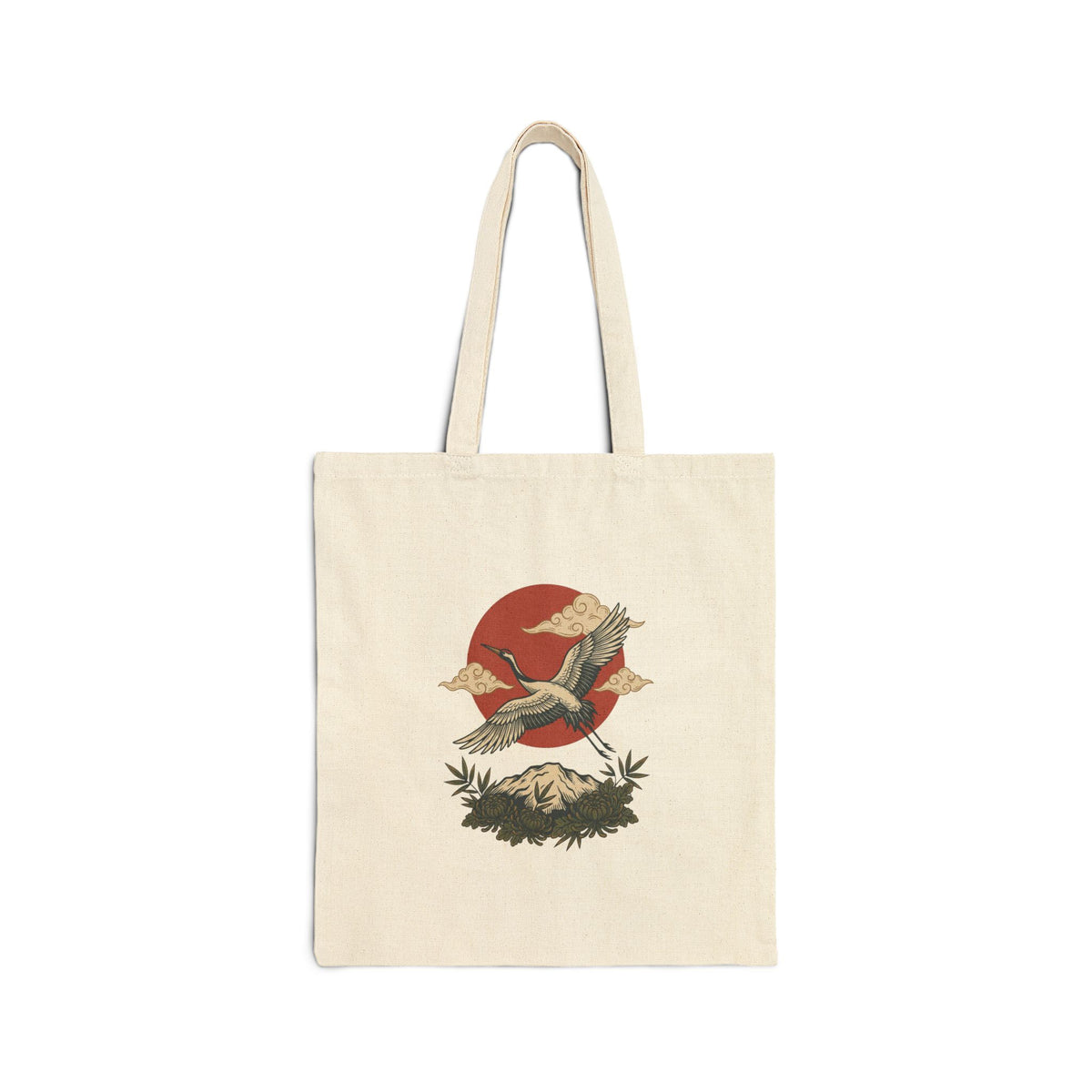 Vintage crane canvas tote with traditional tattoo-inspired bird and sun artwork — product view 3