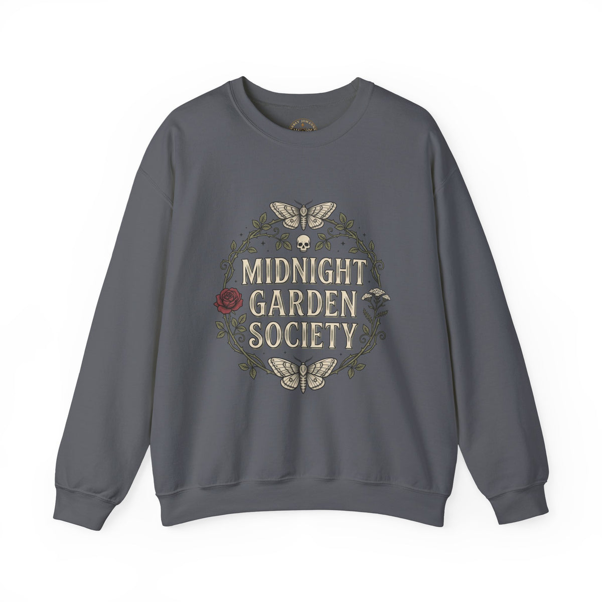 Midnight Garden botanical crest Sweatshirt | Gothic botanicals, floral skull motif — view 5