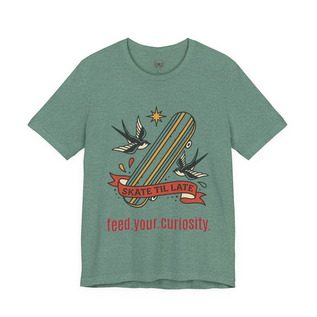 Skate Till Late Skateboard Tee | Traditional Tattoo Flash, Swallows & Banner — view 20