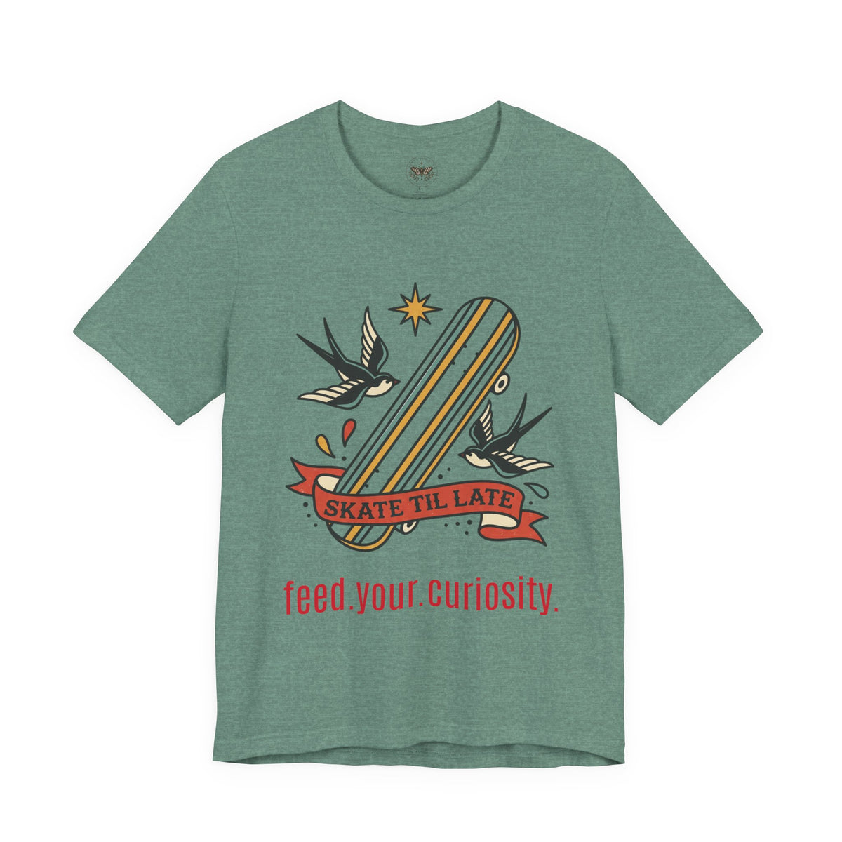 Skate Till Late Skateboard Tee | Traditional Tattoo Flash, Swallows & Banner — view 20