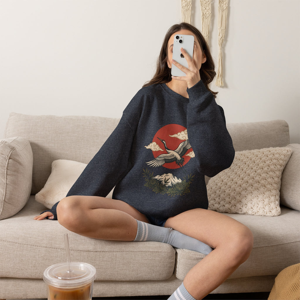 Traditional Tattoo-Style Crane Illustration Sweatshirt | Vintage Flash, Limited Palette — view 1