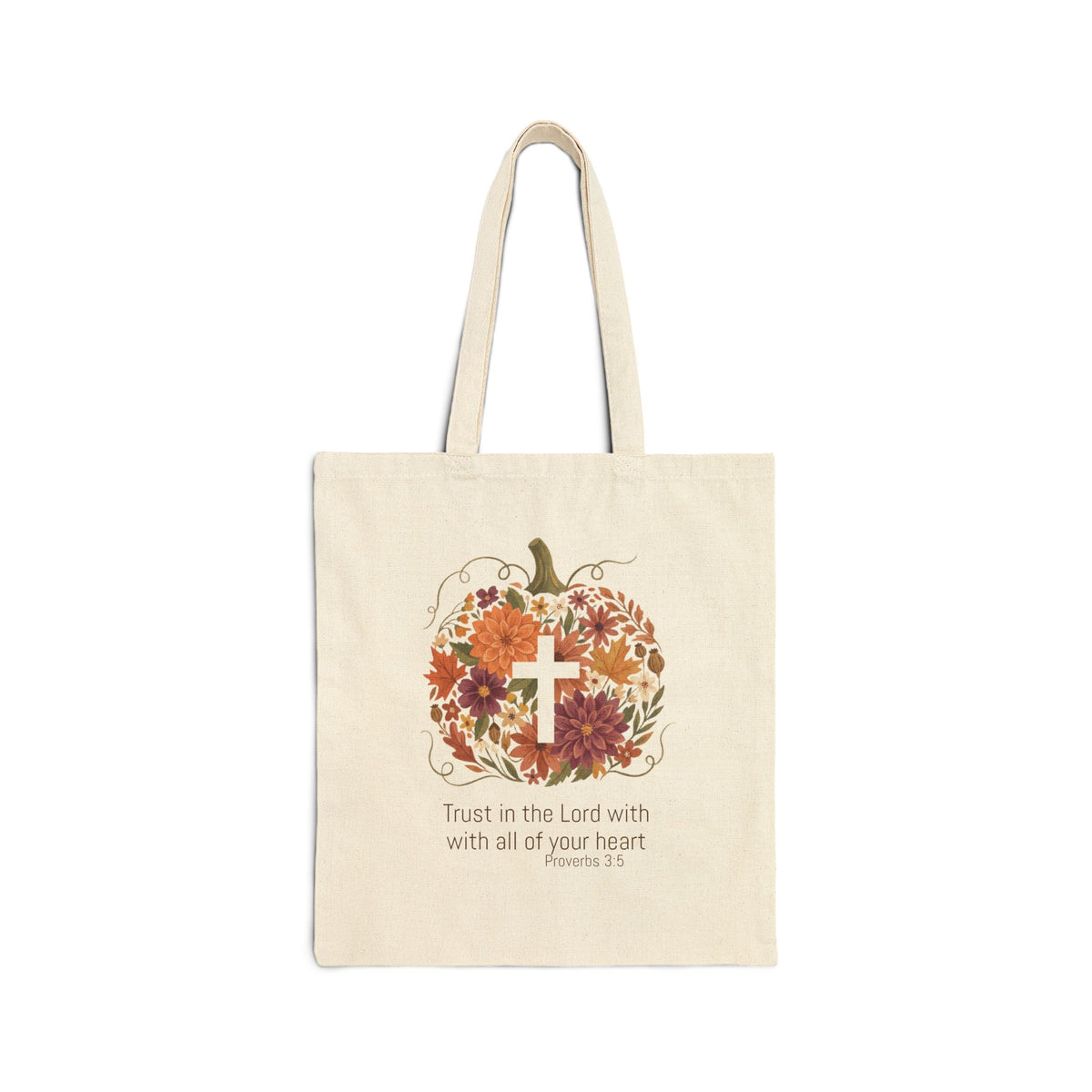 In Him I Trust Pumpkin Floral Cross Tote | Christian Autumn, Fall Faith — view 1