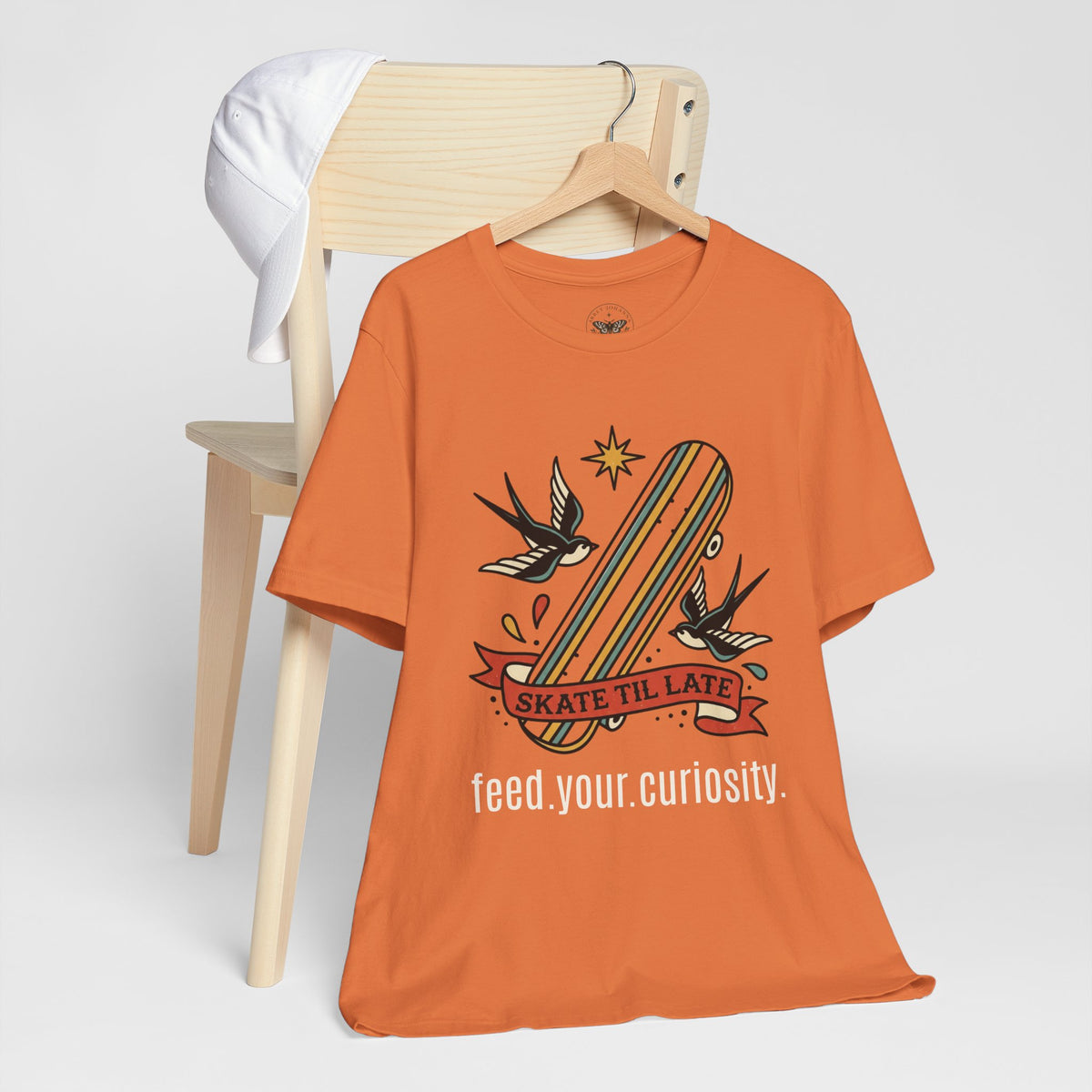 Skate Till Late Skateboard Tee | Traditional Tattoo Flash, Swallows & Banner — view 8