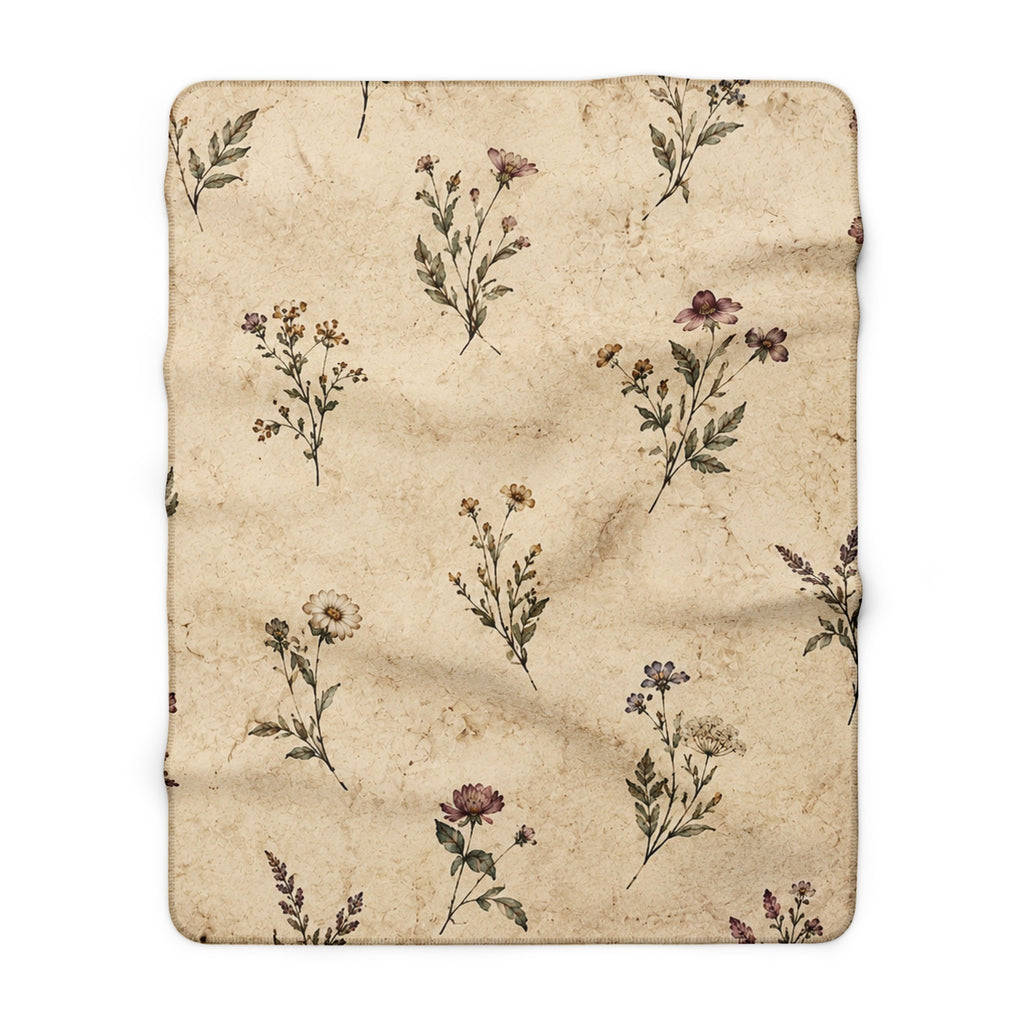 Floral Vintage Sherpa Blanket - Cozy Beige Wildflower Throw