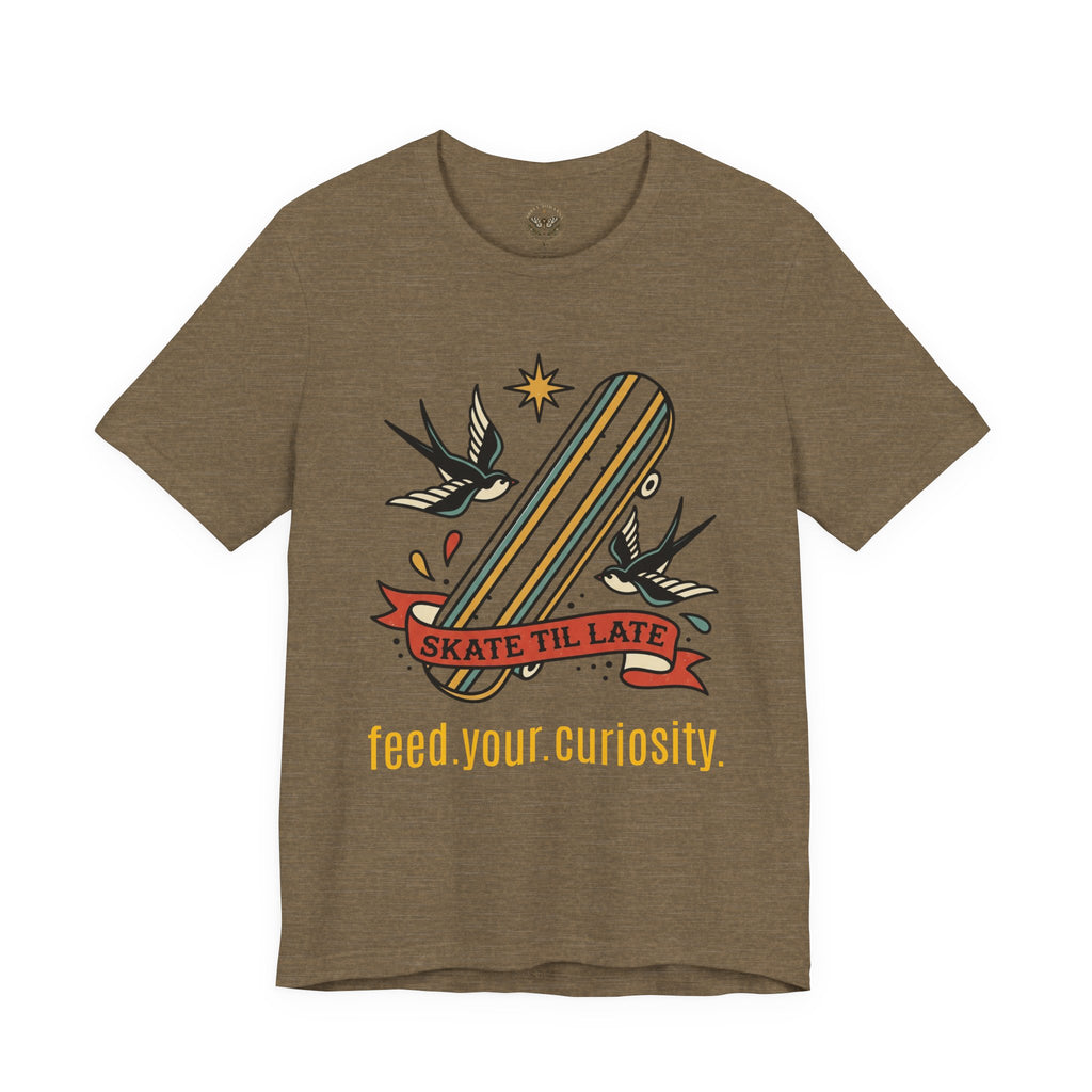 Skate Till Late Skateboard Tee | Traditional Tattoo Flash, Swallows & Banner — view 17
