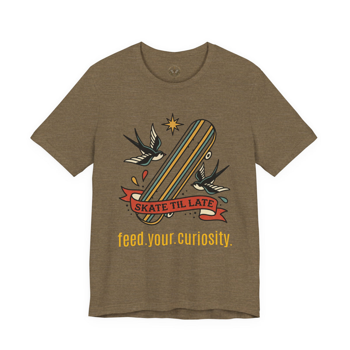 Skate Till Late Skateboard Tee | Traditional Tattoo Flash, Swallows & Banner — view 17