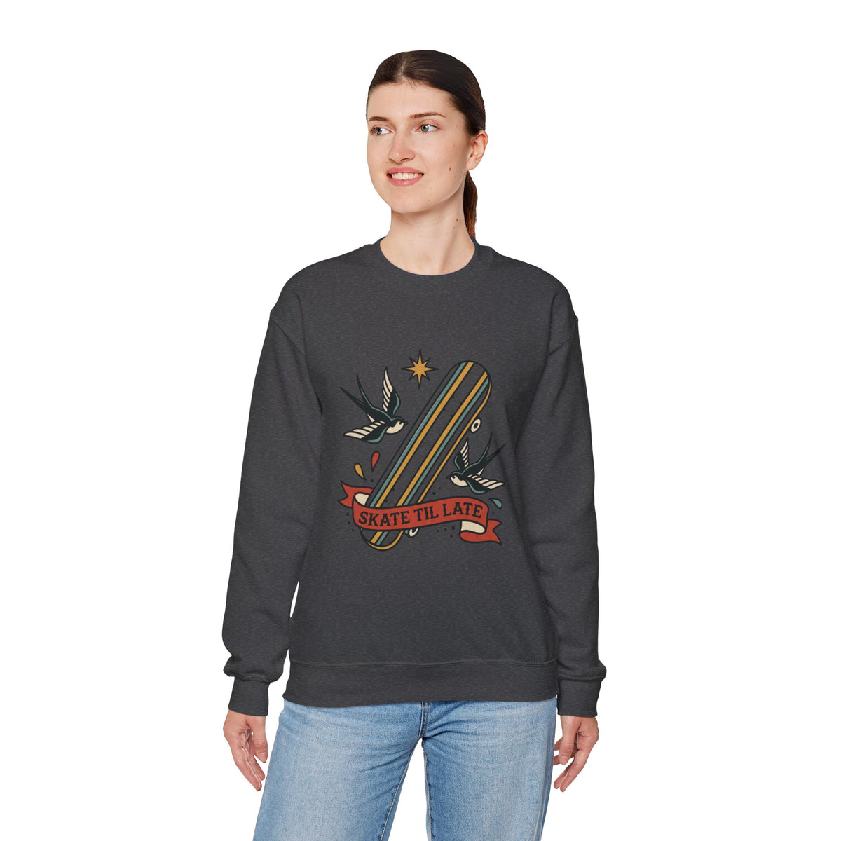 Skateboard Swallow Tattoo Crewneck Sweatshirt | Traditional Flash Graphic — view 5