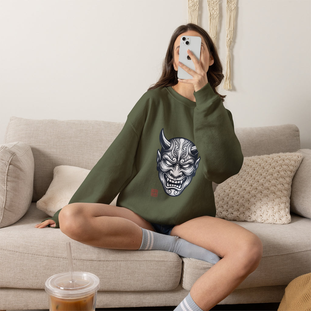 Oni Mask Illustration Crewneck Sweatshirt | Traditional Tattoo-Inspired, Bold Flash Art — view 12