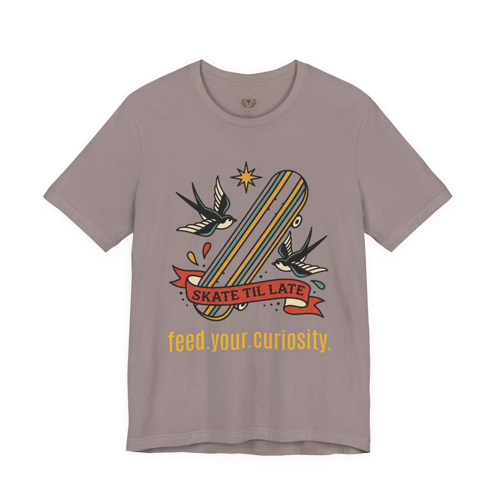 Skate Till Late Skateboard Tee | Traditional Tattoo Flash, Swallows & Banner — view 24