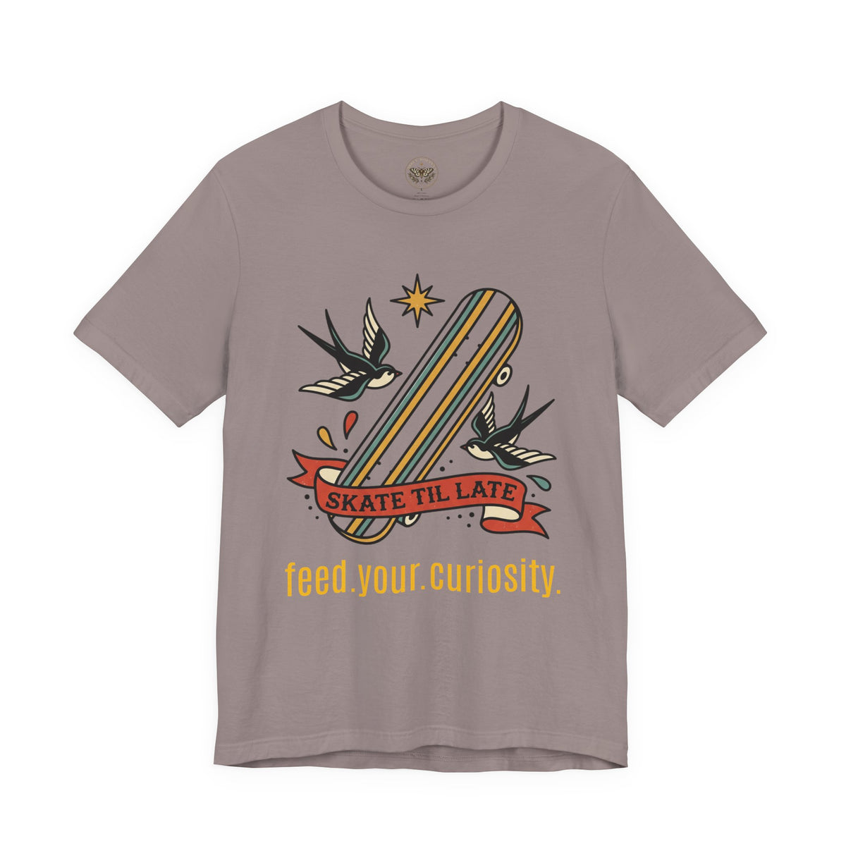 Skate Till Late Skateboard Tee | Traditional Tattoo Flash, Swallows & Banner — view 24