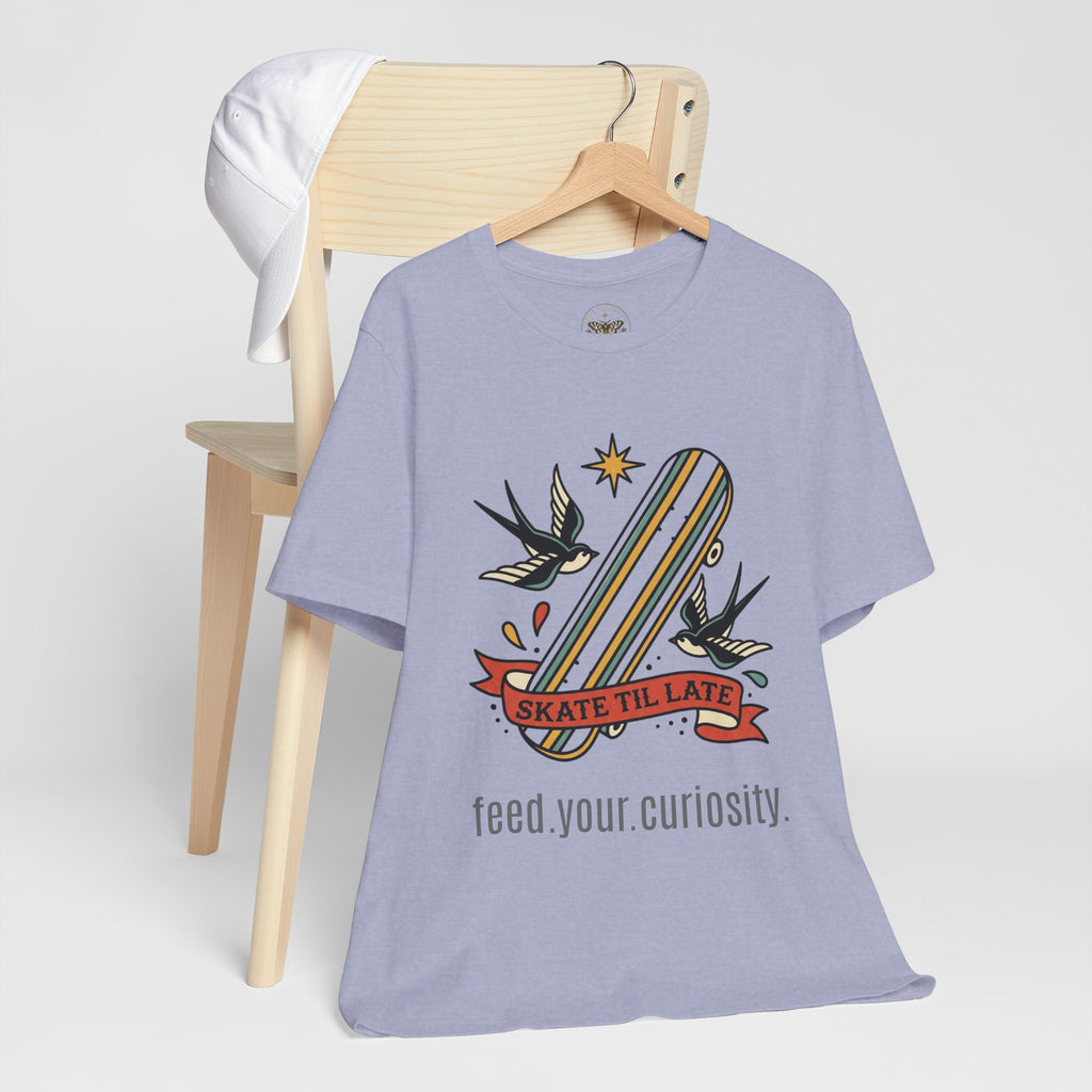Skate Till Late Skateboard Tee | Traditional Tattoo Flash, Swallows & Banner — view 12