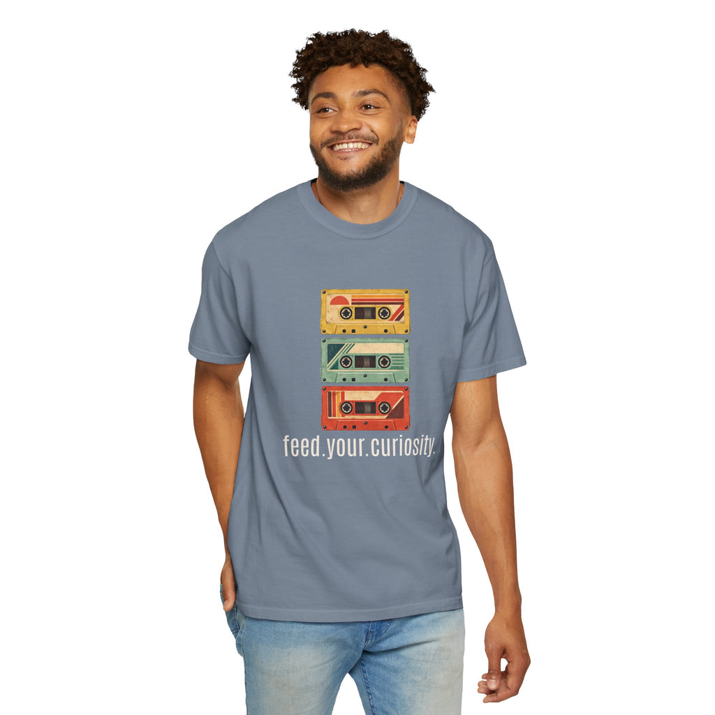 T-Shirt — Vintage Cassette Stack “feed.your.curiosity.” Retro Music Tee — view 1