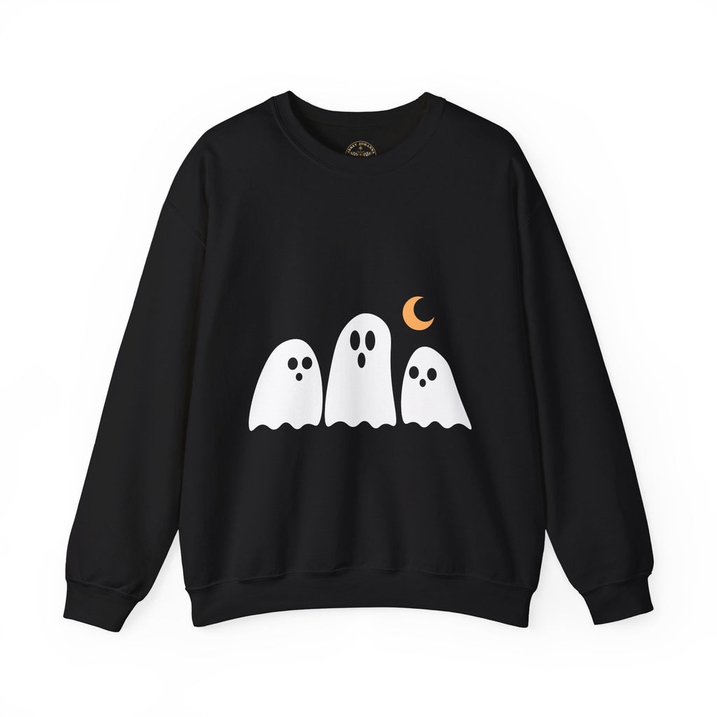 Cute Ghost Crewneck Sweatshirt — Trio of Ghosts with Crescent Moon (Halloween Pullover) — view 4