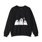 Cute Ghost Crewneck Sweatshirt — Trio of Ghosts with Crescent Moon (Halloween Pullover) — view 4