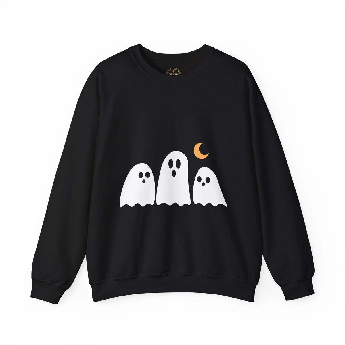 Cute Ghost Crewneck Sweatshirt — Trio of Ghosts with Crescent Moon (Halloween Pullover) — view 4