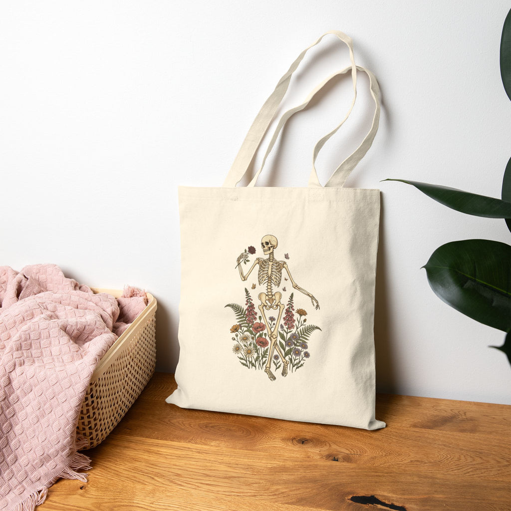 Skeleton with Wildflowers Tote | Gothic Botanicals canvas bag — view 5