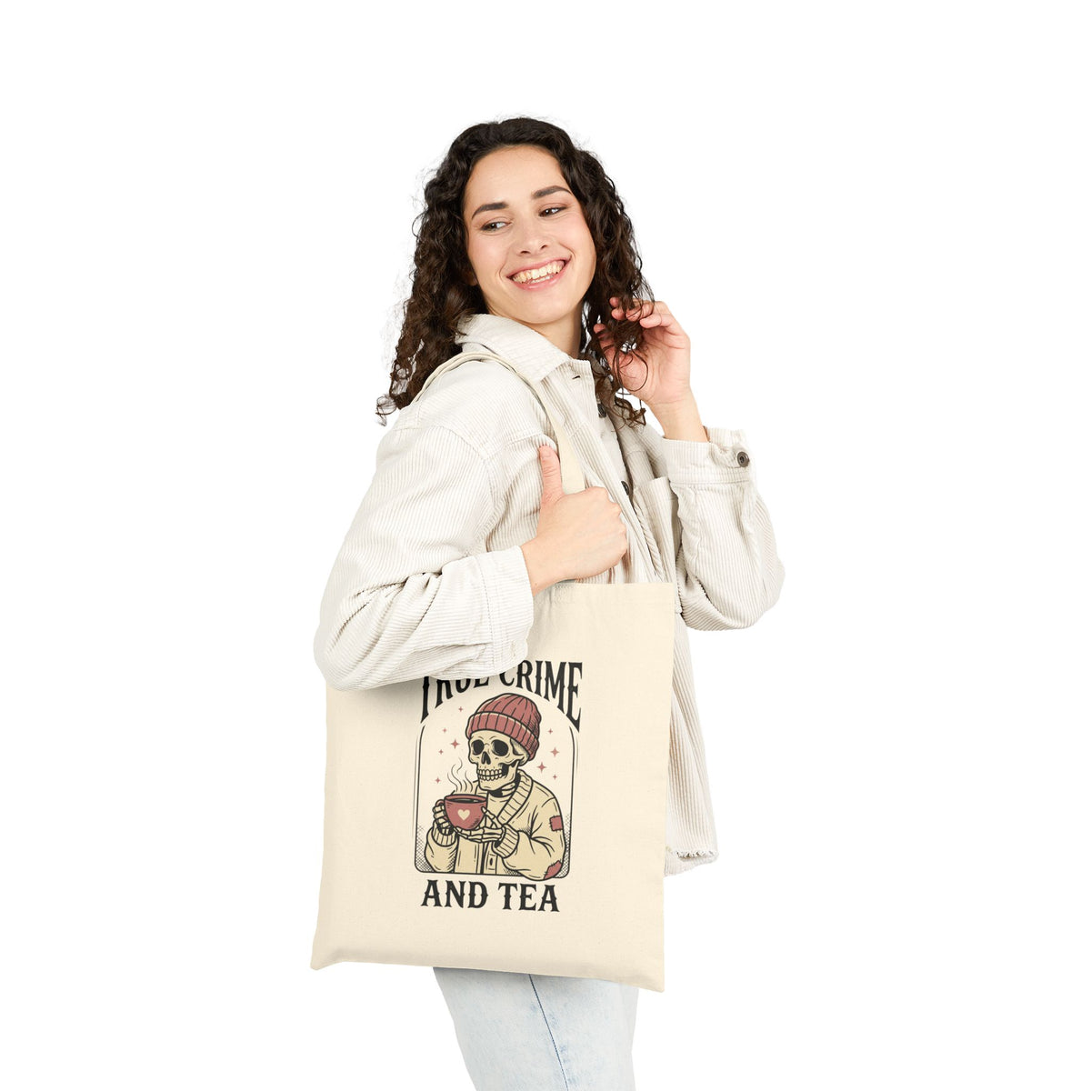 True Crime and Tea Tote | Skull Tea Illustration, Cotton Canvas Carryall — view 1