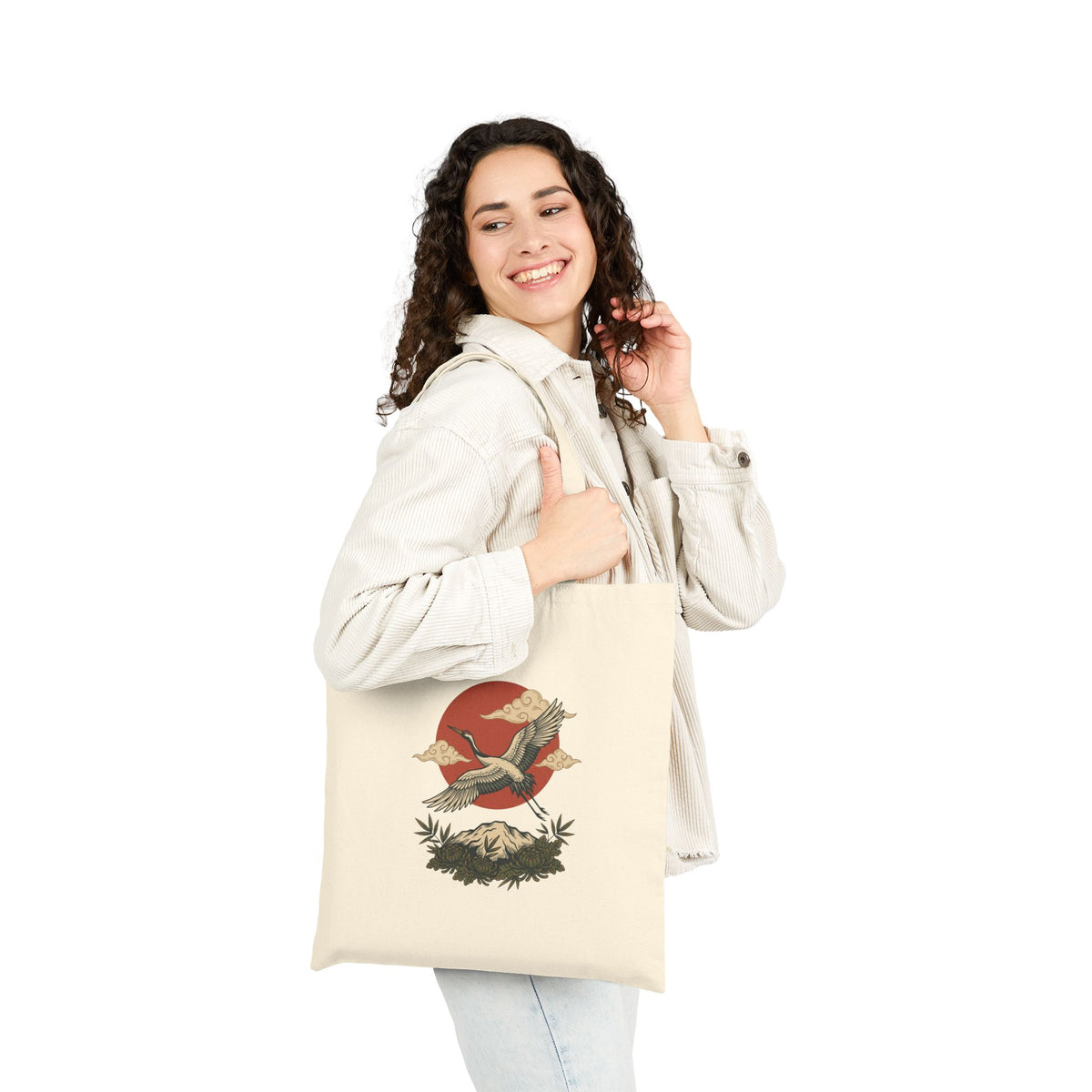 Vintage crane canvas tote with traditional tattoo-inspired bird and sun artwork — product view 6