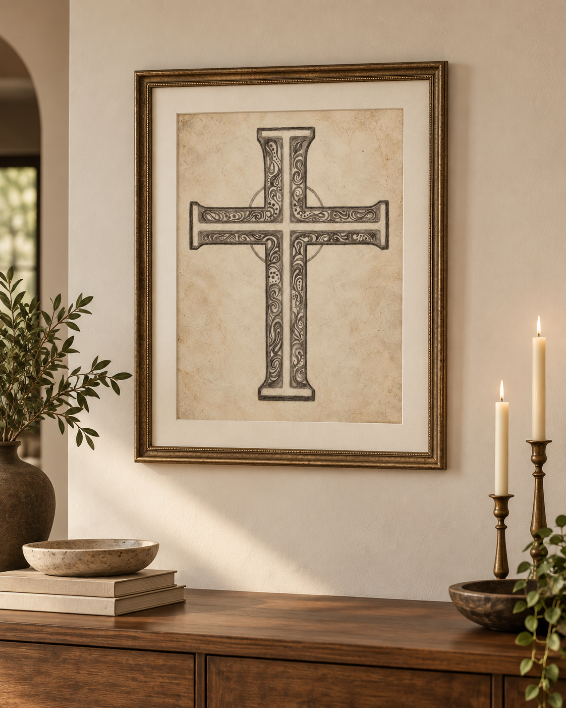 Sacred Bloom Cross Fine Art Print | Christian Cross Wall Art | Vintage Faith Decor — product image 1