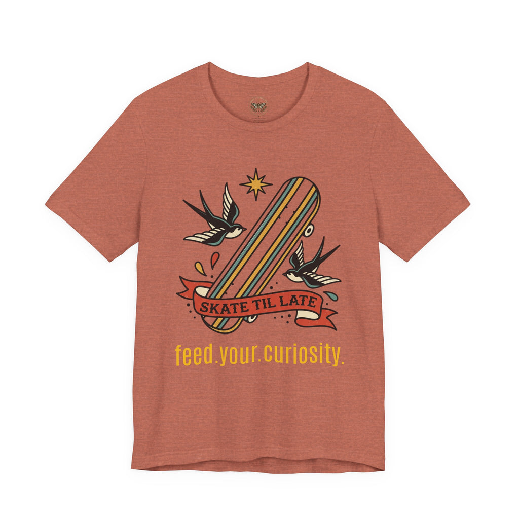 Skate Till Late Skateboard Tee | Traditional Tattoo Flash, Swallows & Banner — view 13