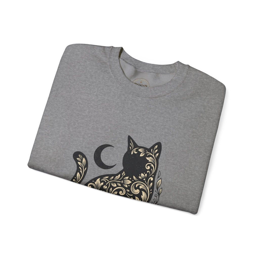Gothic Botanical Cat Sweatshirt | Crescent Moon, Ornate Florals
