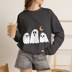 Cute Ghost Crewneck Sweatshirt — Trio of Ghosts with Crescent Moon (Halloween Pullover) — view 1
