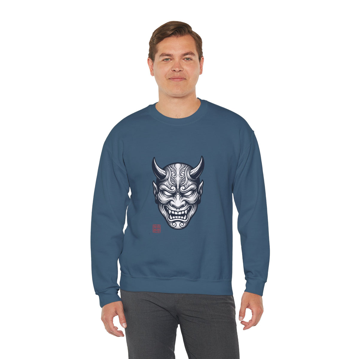 Oni Mask Illustration Crewneck Sweatshirt | Traditional Tattoo-Inspired, Bold Flash Art — view 5