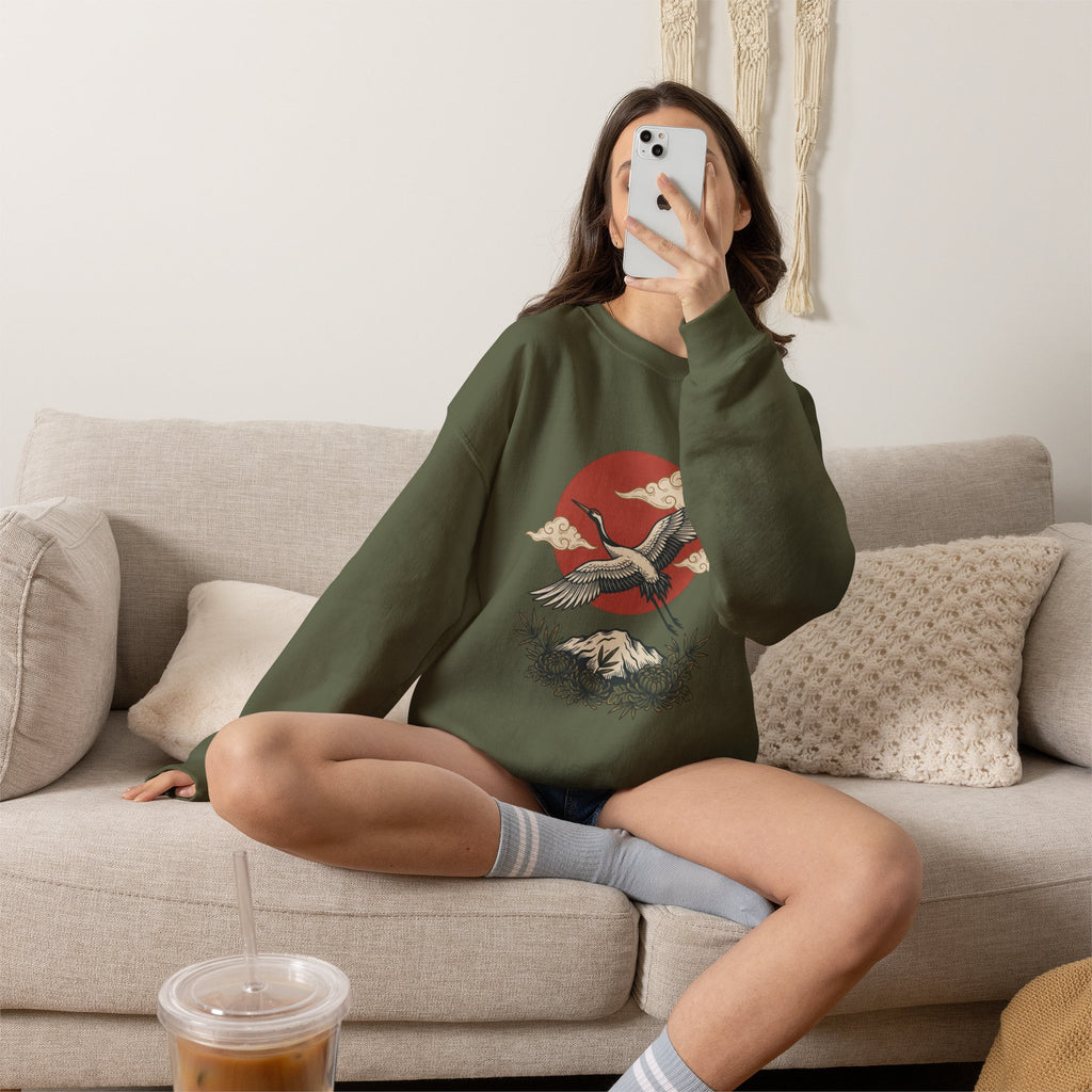 Traditional Tattoo-Style Crane Illustration Sweatshirt | Vintage Flash, Limited Palette — view 57