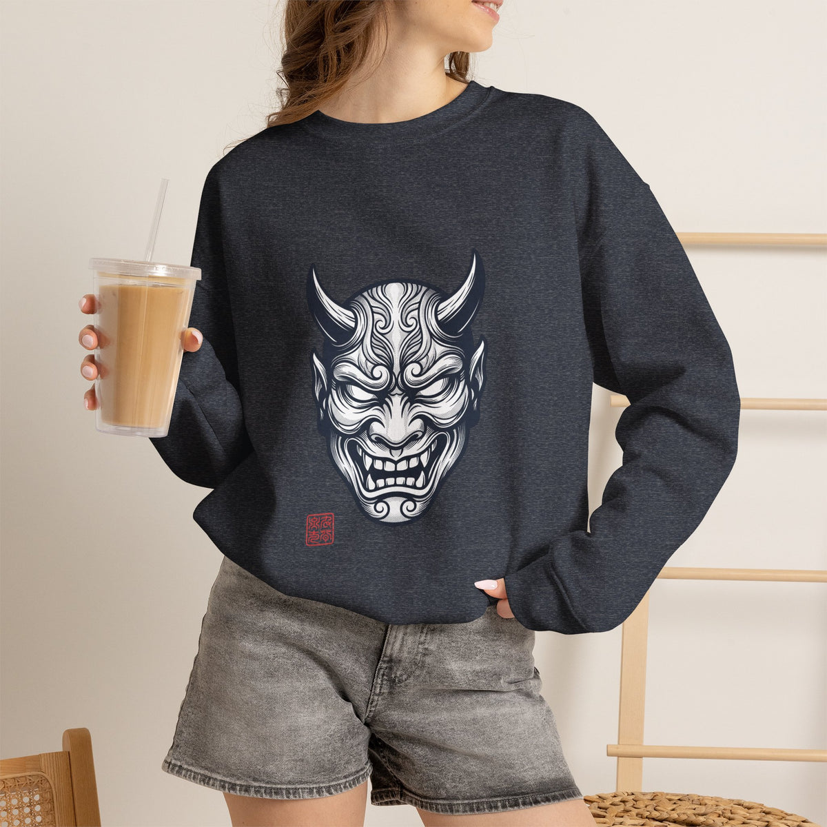 Oni Mask Illustration Crewneck Sweatshirt | Traditional Tattoo-Inspired, Bold Flash Art — view 20