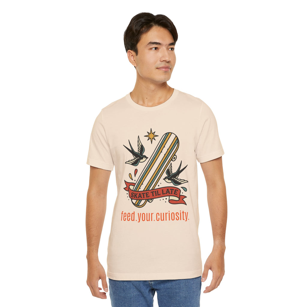 Skate Till Late Skateboard Tee | Traditional Tattoo Flash, Swallows & Banner — view 26