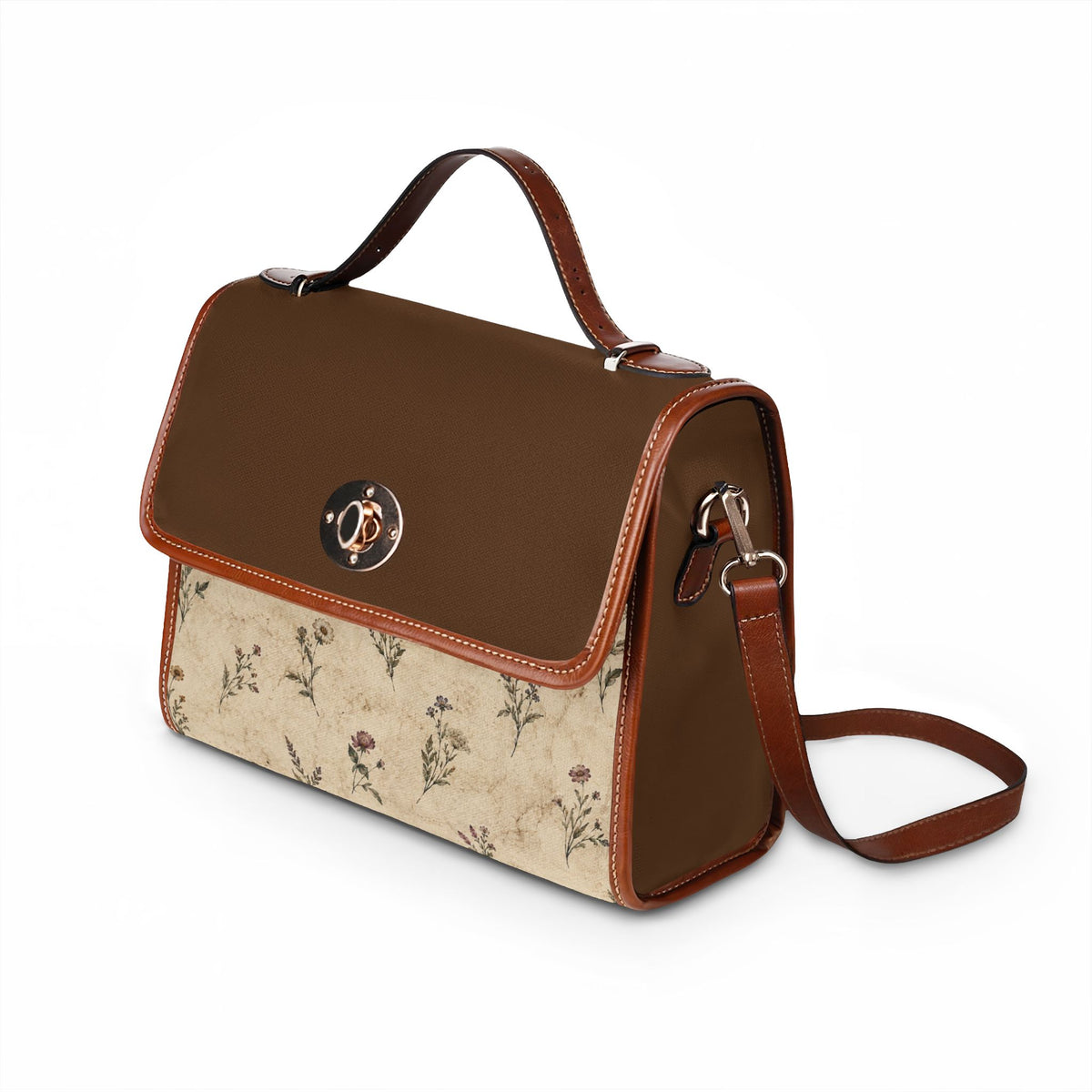 Vintage-Inspired Satchel Bag — Floral Accent, Leather Trim Waterproof Canvas Shoulder Bag — view 5