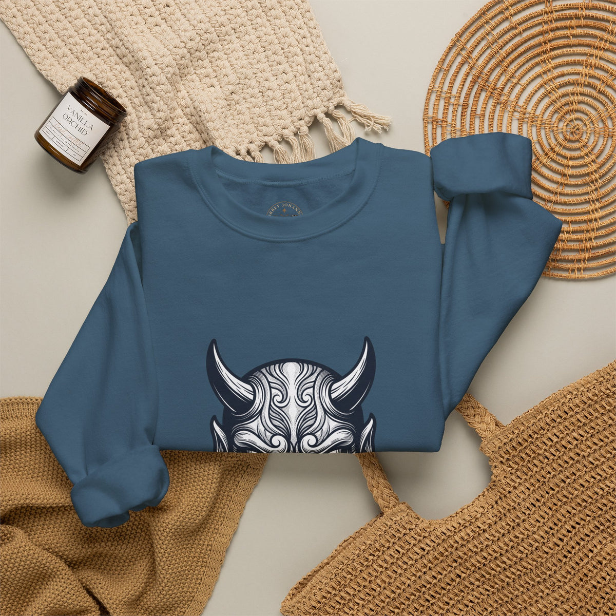 Oni Mask Illustration Crewneck Sweatshirt | Traditional Tattoo-Inspired, Bold Flash Art — view 23