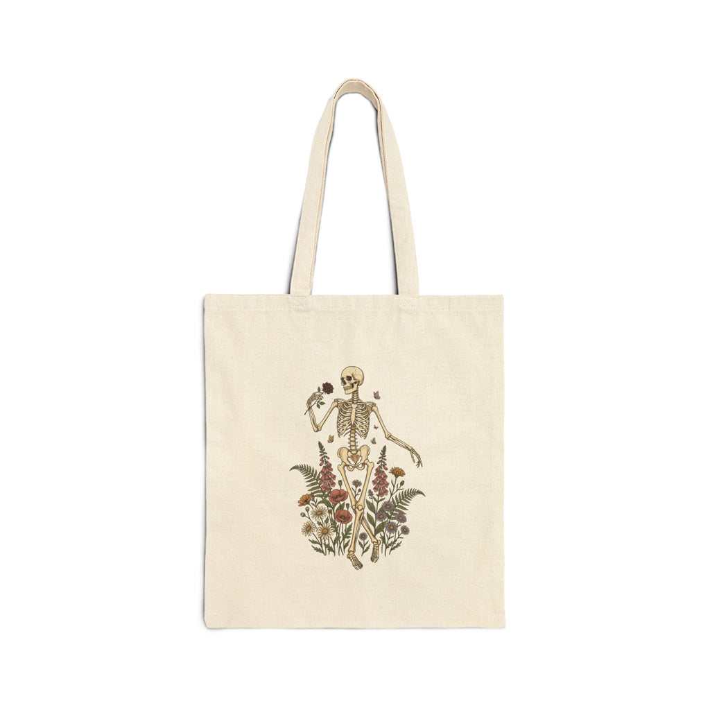 Skeleton with Wildflowers Tote | Gothic Botanicals canvas bag — view 2