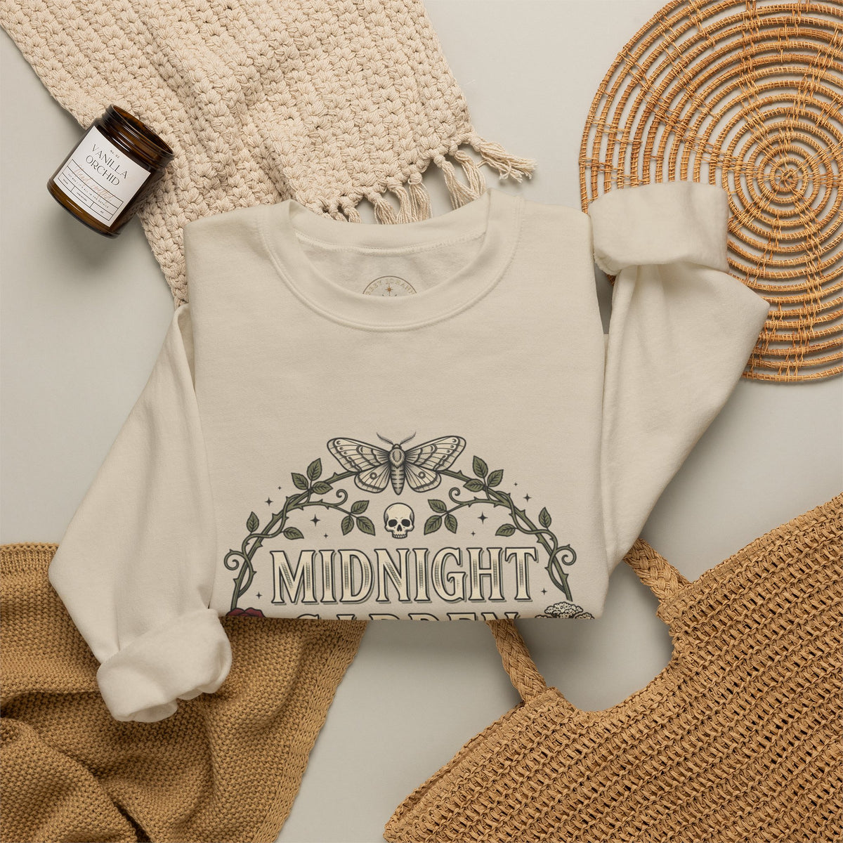 Midnight Garden botanical crest Sweatshirt | Gothic botanicals, floral skull motif — view 8