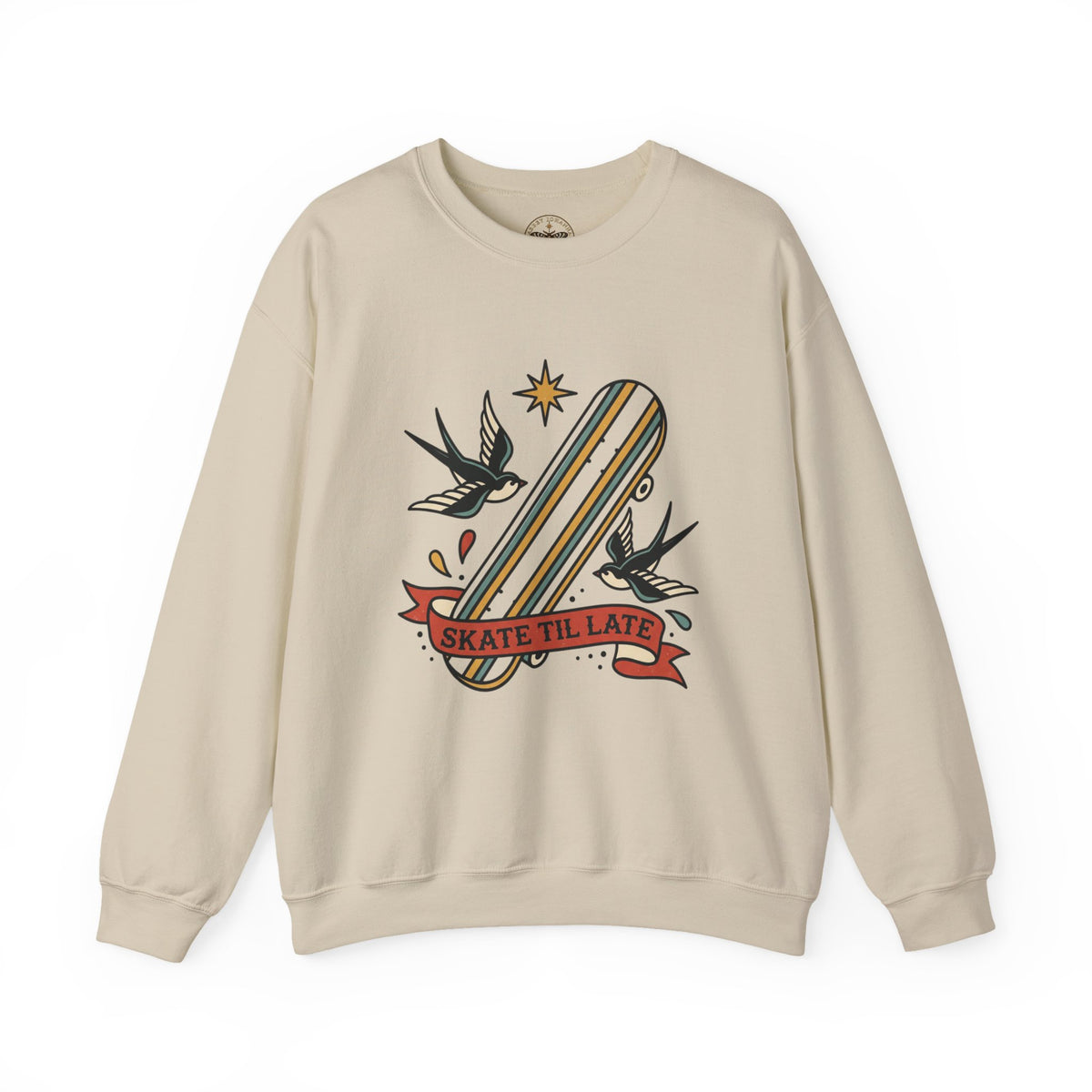 Skateboard Swallow Tattoo Crewneck Sweatshirt | Traditional Flash Graphic — view 4