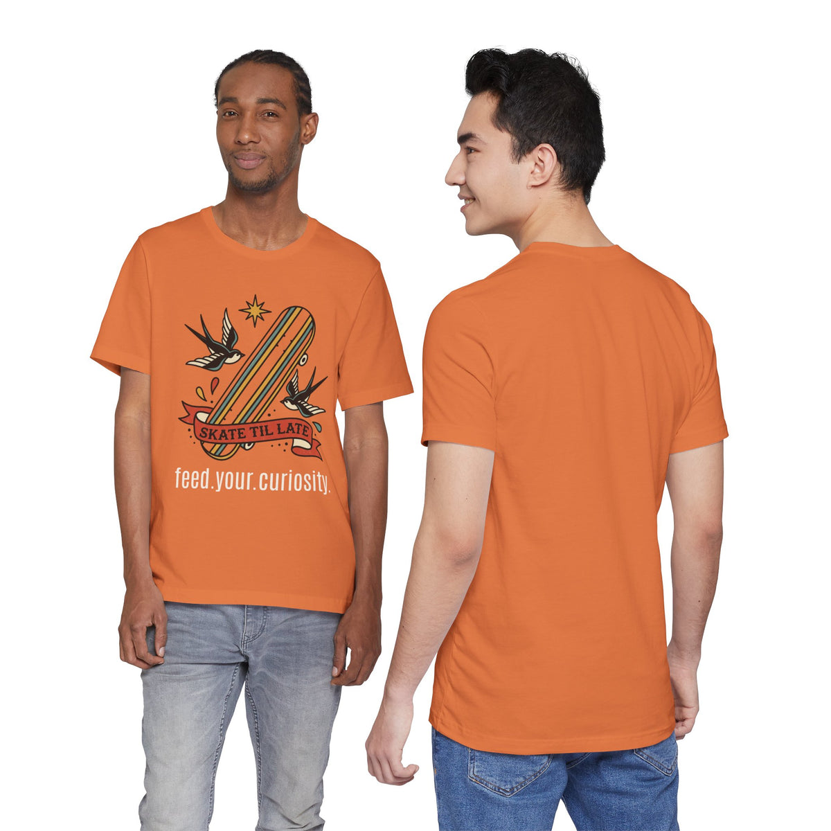 Skate Till Late Skateboard Tee | Traditional Tattoo Flash, Swallows & Banner — view 27
