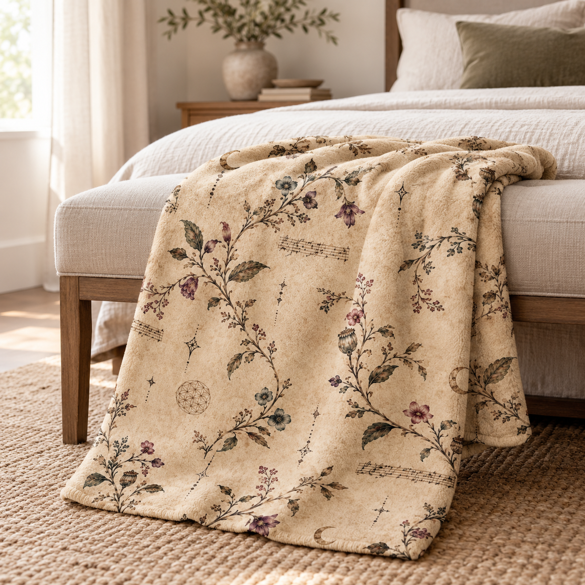 Vintage Floral Sherpa Blanket – Beige Botanical Fleece Throw — product image 1